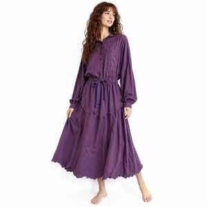 Vintage Purple Beatnik Scalloped Eyelet Peplum Midi Dress Long Sleeve Boho Witch